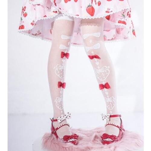 Cute Strawberry Bowknot Sweet Lolita Knee-High Stocking Women Summer Glass Silk Ultrathin Thigh High Socks Lace Silk Socks Gift