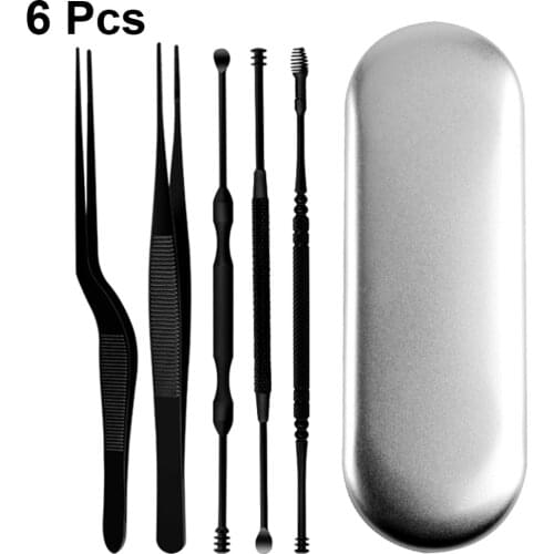 6pcs Ear Cleaning Tools Set Stainless Steel Double-ended Ear Picks and Tweezers for Home Travel (Black)