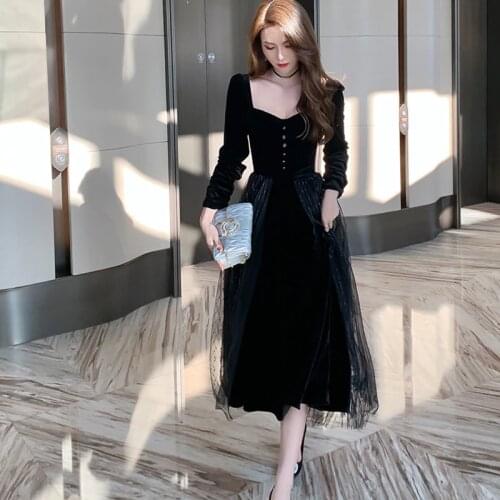New arrival fashion party night club dress women temperament square collar mesh patchwork vintage velvet black slim a-line dress