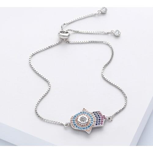 OCESRIO Cubic Zirconia Lucky Hand of Fatima Hamsa Evil Eye Bracelet Adjustable Charm Bracelet for Women Fashion Jewelry brt-a08
