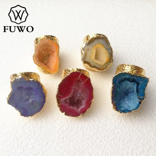 FUWO Wholesale Mixed Colors Geode Rings With Gold Brass Plated Natural Agates Cave Slice Jewelry Adjustable Size RG001