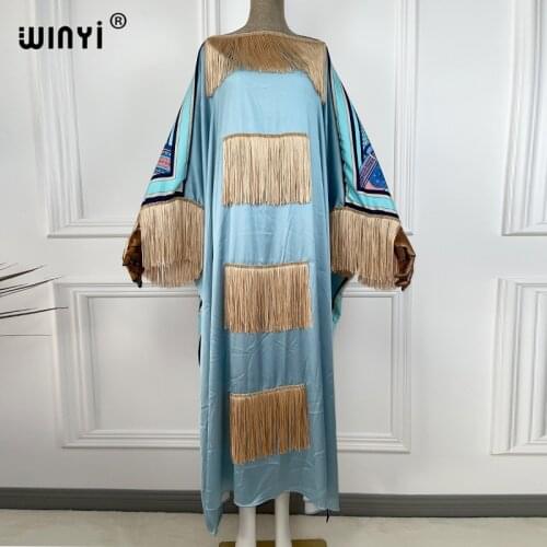 2021 WINYI African boho dress Color matchi Print Bohemia Loose Elegant Muslim Abaya Bazin Robe Gowns Broder Riche Tassels