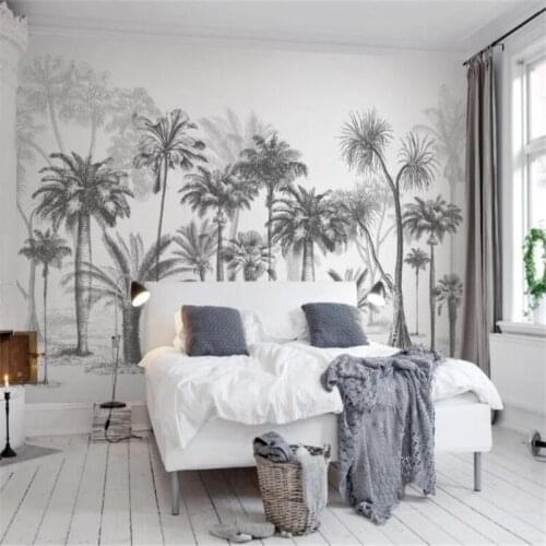 Custom Mural Wallpaper Black And White Sketch Style Tropical Rainforest Coconut Trees Background Wall Painting