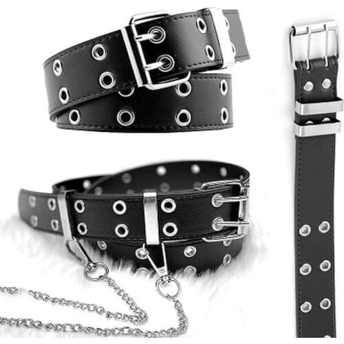 Fashion Alloy Luxury Leather Chain Belt Straps for Women Men Genuine Leather Belt Hip Hop Punk Belt Pin Buckle Jeans Decorative
