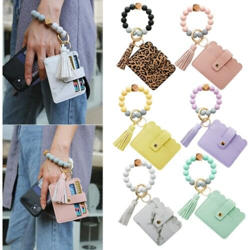 Silicone Bead Bracelet Keychain Card Bag Bracelet Key Ring With Card Holder Durable and Portable A66