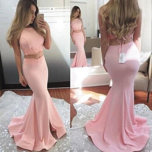 SuperKimJo Robe De Soiree Pink Evening Dresses 2020 Long Mermaid Satin Sexy Women Formal Dresses Two Piece Prom Dresses