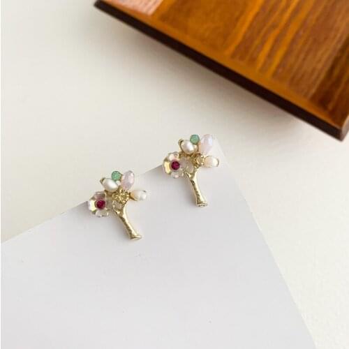 TIMEONLY Vintage Flower Simulation Pearl Stud Earrings for Women Ladies Red Green Color Crystal Earring Fashion Jewellery Party