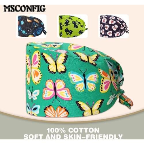 High Quality Cute Cartoon Printed Nurse Hat Sweat-absorbent Beautician Spa Laboratory Men and Women Adjustable Scrub Hat