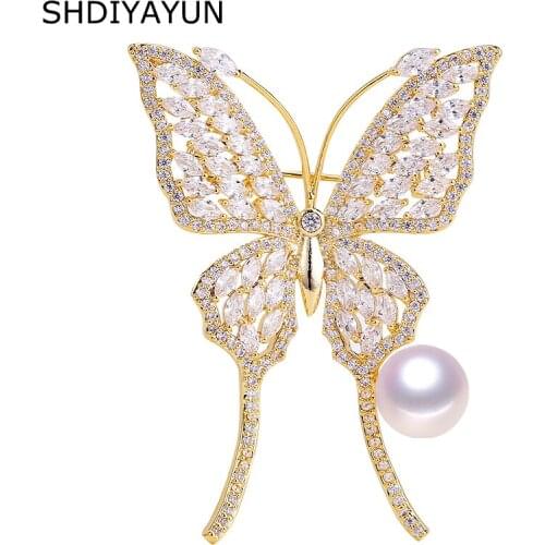 SHDIYAYUN 2019 Pearl Brooch For Women Guality Butterfly Zircon Brooches Pins Natural Freshwater Pearl Fine Jewelry Corsage G