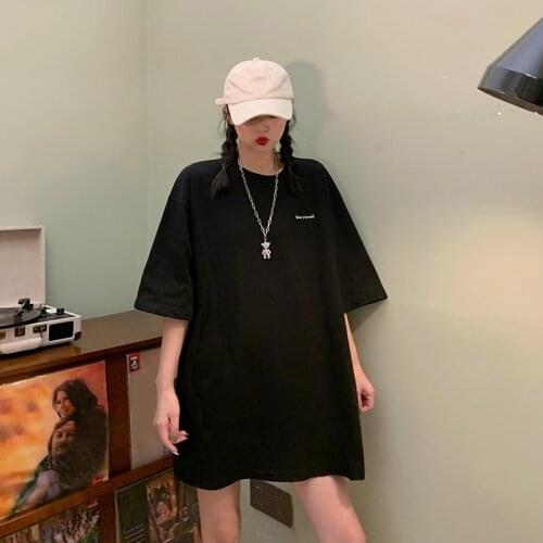 Women Short Sleeve T Shirt 2021 Summer Loose Oversized Casual Korean Letter Print O Neck Ladies Crop Tops Students Black Tshirt