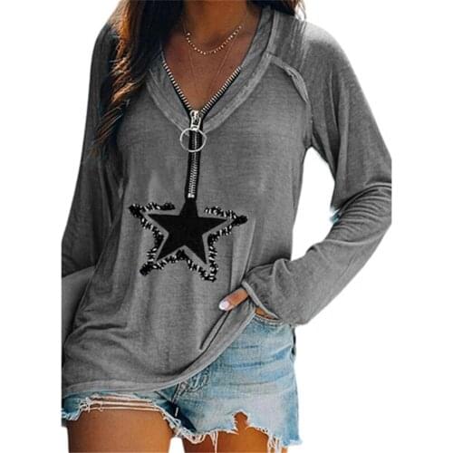 50% Dropshipping!!Women T-shirt Five-pointed Star Print Deep V Neck Autumn Winter Loose Long Sleeve Zipper Top Shirt Streetwear
