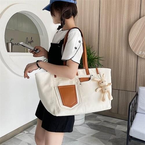 Womens Canvas Bag Fashion Trend Large Capacity Shopping Bag Solid Color Casual Handbags Travel Shoulder Tote Bag