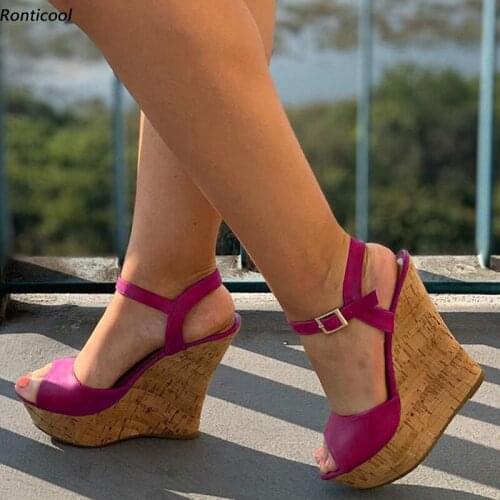Ronticool Womens Summer Sandals Ankle Strap Comfort Wedges High Heels Open Toe Gorgeous Fuchsia Party Shoes US Plus Size 5-20