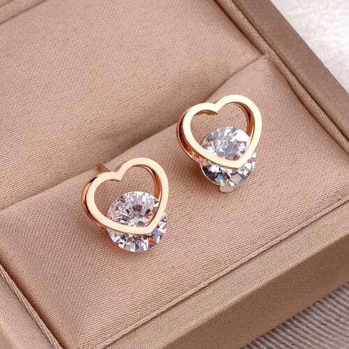 Korean Style Sweet Romantic Hollow Double Heart Zircon Women Earrings Female No Fade Stainless Steel Stud Earring Jewelry Femme