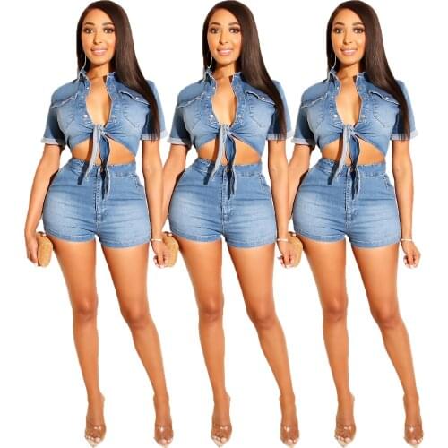 Womens Deep V Neck Denim Wide Leg Playsuit Romper Bodycon Short Pants Denim Shorts Blouse Two-piece Suit