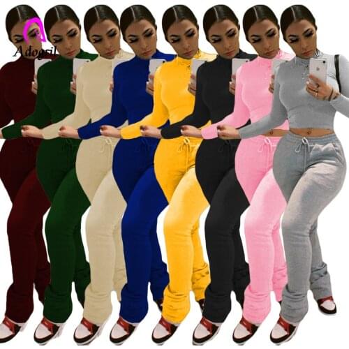 Plain Color Casual Two Piece Sets Women Active Thick Warm Fleece Winter Slim Fitness Pullover Sportswear Stacked Pant Outfit