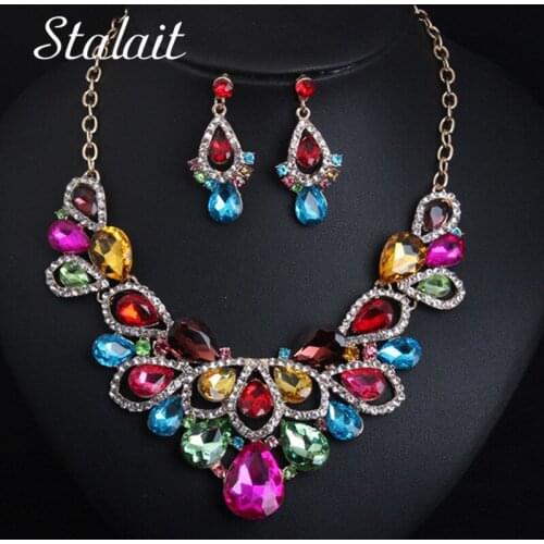 Fashion Statement Gold Color Wings Full Water Drop Crystal Necklace Earrings Bridal Jewelry Set For Women Clothing Accessories