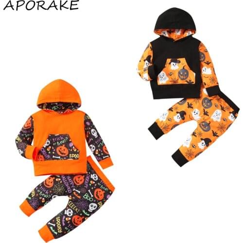 2021 0-24M Infant Baby Girl Boy Clothes Halloween Pumpkin/Ghost Print Long Sleeve Hooded Sweatshirt With Pocket+Harem Pants 2pcs