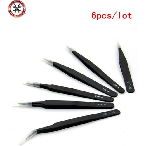 6PCS Tweezers DIY Tools Electronic Part Repair Tools Anti-Static ESD Stainless Steel Tweezers Rework Tool Set