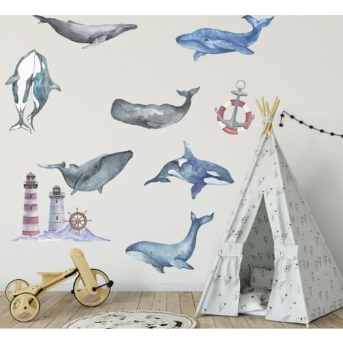 2021 Watercolor Lighthouse Dolphin Whale DIY Wall Stickers DIY for Baby Children Room Nursery Self-adhesive Decorative Poster