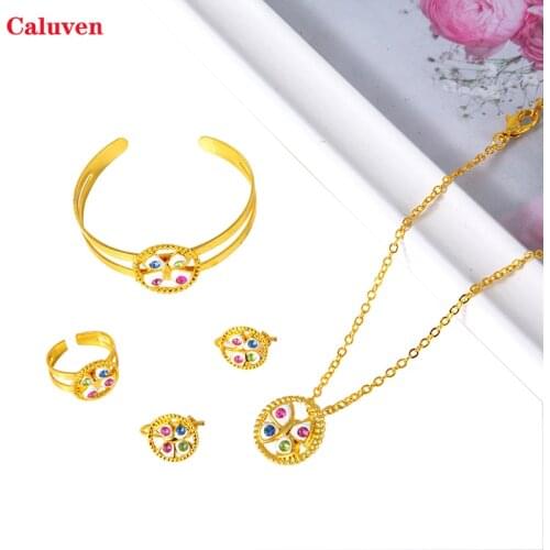 Dubai Arabic Jewelry sets Gold Color African Bangles for Baby Girls Ethiopian Kids Rings Earrings Sets Arab Bridal Jewelry