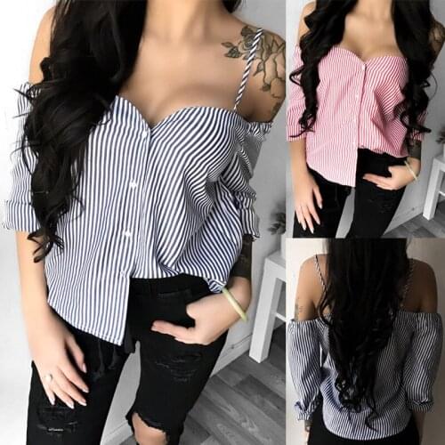 Sexy Stripe Blouse Women Autumn Long Sleeved Shirts Tops Fashion Off Shoulder Button Blouses Strapless Slash Neck Blouse Clothes