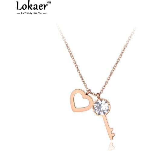 Lokaer Trendy Lovely Titanium Stainless Steel Heart & CZ Key Necklaces Rose Gold Pendant Chain Necklace For Xmas Gifts N19068