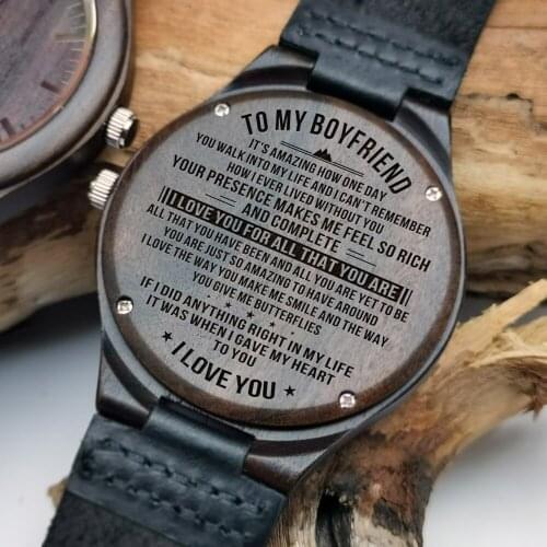 To my Dear boyfriend Leather watch with sandalwood watch Carving blessing on the back leather watch
