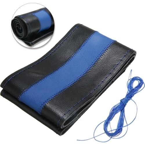 MAYITR 37-38CM Car Steering Wheel Protecting Cover Hand Sewing Genuine Leather W/ Needles Thread Black+Blue For Auto Styling