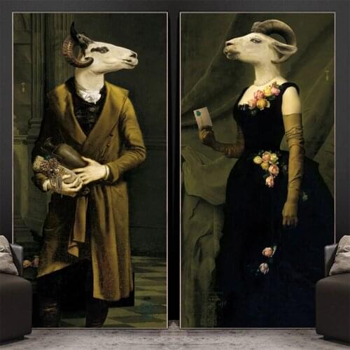 Vintage Canvas Oil Painting Gentleman and Lady Goat Couple Art Posters and Prints on the Wall Funny Animal Corridor Decoration