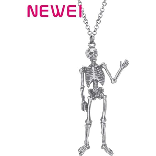 Newei Halloween Alloy Plated Antique Gold Skull Skeleton Necklace Long Pendant Jewelry For Women Girls Fashion Gift Decoration