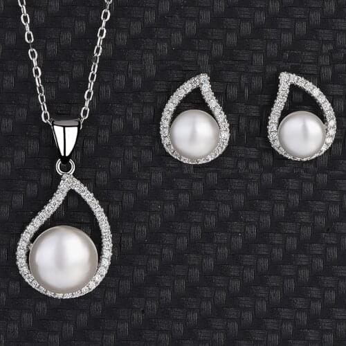 S925 Sterling Silver Drop-Shaped Simple Earrings Necklace Female Jewelry Two-Piece Set High Bright Pearl