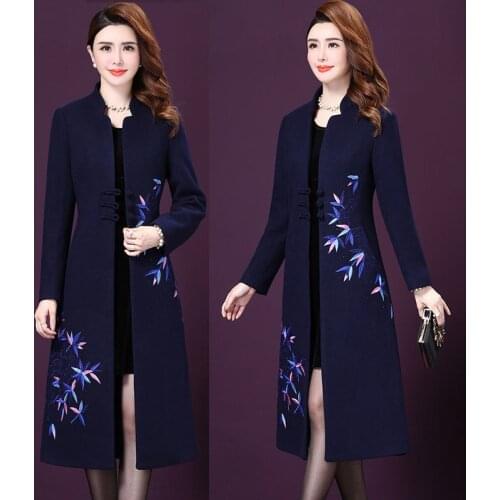 Winter Fall Fashion Women Mandarin Collar Blue Black Long Woolen Coat , Female Womens Embroidery Diamonds 4xl 5xl Coats Overcoat