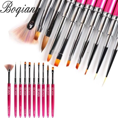 BQAN 10 Style Pink Metal Handle Oblique Head Nail Art Flower Design Painting Drawing Pen Brush Manicure Tool
