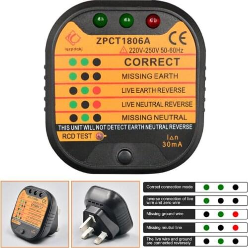 ZPCT1806A UK Outlet Socket Tester Detector Circuit Polarity Voltage Plugs Breaker Ground Zero Line Switch Safety Electroscope