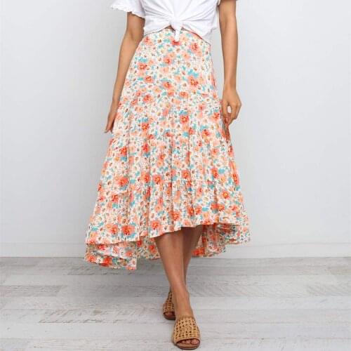 Ladies Vintage Elagant Floral Print Long Summer Skirt Women High Waist Casual Boho Ruffles A Line Woman Skirts Female Faldas
