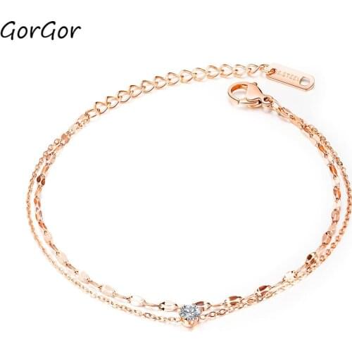 GorGor Anklets Women Titanium Steel Pattern Double Layer Rose Gold Mosaic Zircon Simplicity Exquisite Accessories TZ-110