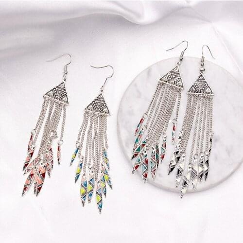 2020 Silver Color Triangle Long Chain Drop Earrings For Women Ethnic Alloy Tassel Gypsy Bohemian Summer Earrings HXE036