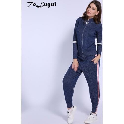 Women Tracksuit 2018 Autumn Casual Turtleneck Knit Sportwear Long Sleeve 2 Piece Pants Sets Stripe Knitting Suits Women