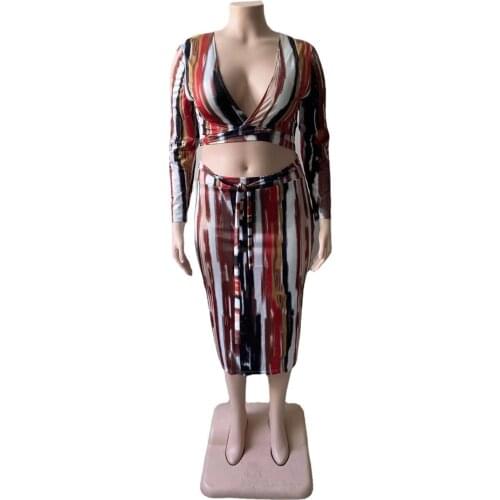 Stripe Bohemian Vintage Two Pieces Skirt Set Full Sleeves Women Sexy Crop Top Autumn 2021 Tracksuit Party Sexy Outfits Plus Size