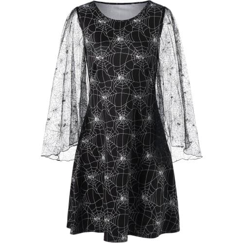 S-3XL Plus Size Spider Web Print Perspective Sleeve High Waist Dress Women Autumn Vintage Dress Halloween Casual Vestidos