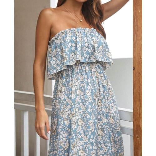 Women Tube Maxi Dress Strapless Holiday Style Floral Printed Fashion Casual Loose Boho Hawaiian Sleeveless Dress Light Blue 2021