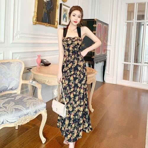 French Styles Print Floral Vintage Plus Size Dress Women Off Shoulder Backless Slip Long Bandage Dress Ladies Flower Sundresses