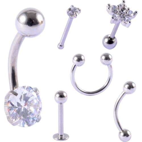 1 Card Mix 6pcs Stainless Circular Bead Ring Labret Eyebrow Nose Bone Belly Ring Flower Ear Tragus Cartilage Helix Earring