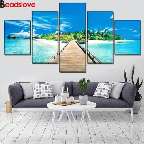 5 Panel DIY 5D Diamond Painting Holiday Seaside Landscape Diamonds Embroidery full square round Cross Stitch Diamond Mosaic