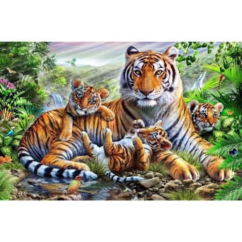 5D DIY Diamond Painting Cross Stitch Forest Tiger Family Crystal Needlework Diamond Embroidery Mosaic Animal Home Decorative