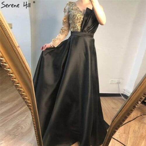 Serene Hill Black Satin One Shoulder Sexy Evening Dress 2020 Handmade Flowers Beading A-Line Formal Party Gown CLA70325