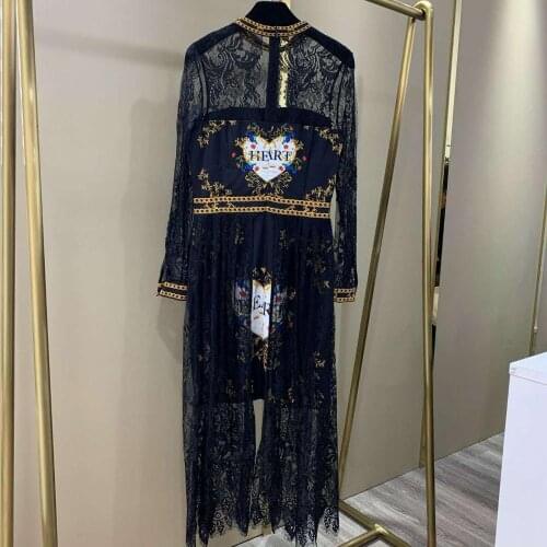 Fashion Black Dress Runway Designer Lace Patchwork Beading Letter Print Slim Split Long Party Holiday Dresses