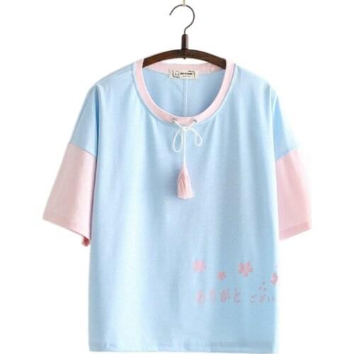 Merry Pretty Cotton Womens Cartoon Print Patchwork T Shirts 2019 Half Sleeve O-Neck Lace Up T Shirt Femme Sweet Style T Shirt