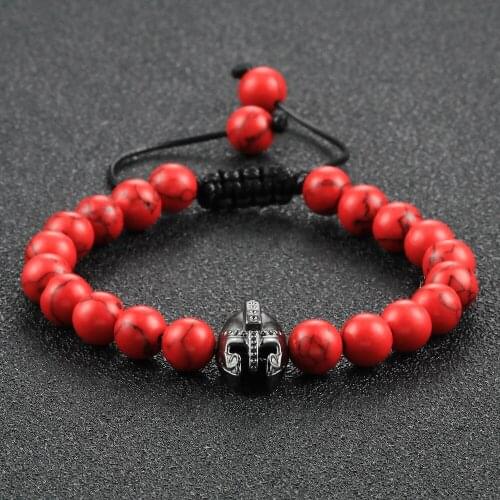 Hot Roman Knight Spartan Warrior Gladiator Helmet Red Natural Stone Bead Bracelets Men Women Elastic Rope Bangles Energy Jewelry